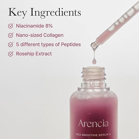 Red Collagen + Peptide Smoothie Serum, 8% Niacinamide, Vitamin C, Vitamin E, lifting anti-aging serum for skin texture for glass skin